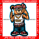 Famous Hustle Gangster Teddy Bear Head Bandanna Sunglasses Gold Jewelry Necklace Mobile Phone Hip Hop Rap Rapper Plug Trap Street Hood Ghetto Thug Savage Hustler Thug Gang Art Graphic Design Logo T-Shirt Print Printing JPG PNG SVG Vector Cut File