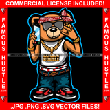 Famous Hustle Gangster Teddy Bear Head Bandanna Sunglasses Gold Jewelry Necklace Mobile Phone Hip Hop Rap Rapper Plug Trap Street Hood Ghetto Thug Savage Hustler Thug Gang Art Graphic Design Logo T-Shirt Print Printing JPG PNG SVG Vector Cut File