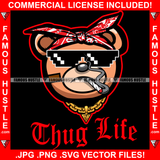 Thug Life Gangster Teddy Bear Face Black Glasses Head Bandanna Smoking Gold Chain Hip Hop Rap Rapper Plug Trap Street Hood Ghetto Swag Thug Hustler Hustling Famous Hustle Quote Art Graphic Design Logo T-Shirt Print Printing JPG PNG SVG Vector Cut File