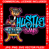 Hustle Gang Gangster Teddy Bear Head Bandanna Black Glasses Big Diamond Skating Hip Hop Rap Rapper Plug Trap Street Hood Ghetto Thug Savage Thug Quote Art Graphic Design Logo T-Shirt Print Printing JPG PNG SVG Vector Cut File