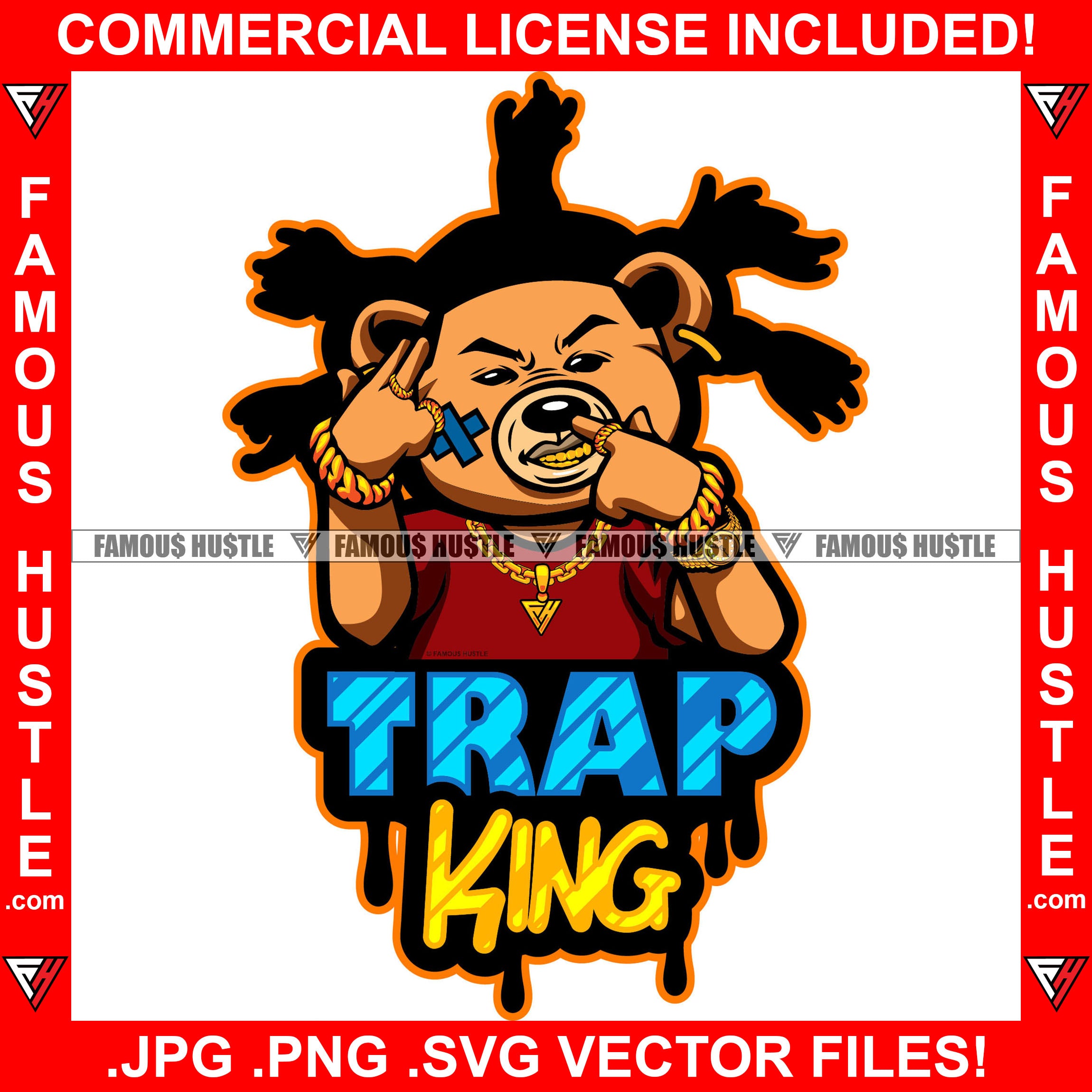 Trap King Gangster Teddy Bear Dread Locks Gang Member Hand Sign Jewelry Showing Gold Teeth Necklace Tattoo Hip Hop Rap Hustler Dripping Trap Hood Thug Mafia Mob Famous Hustle Quote Art Graphic Design Logo T-Shirt Print Printing JPG PNG SVG Vector Cut File