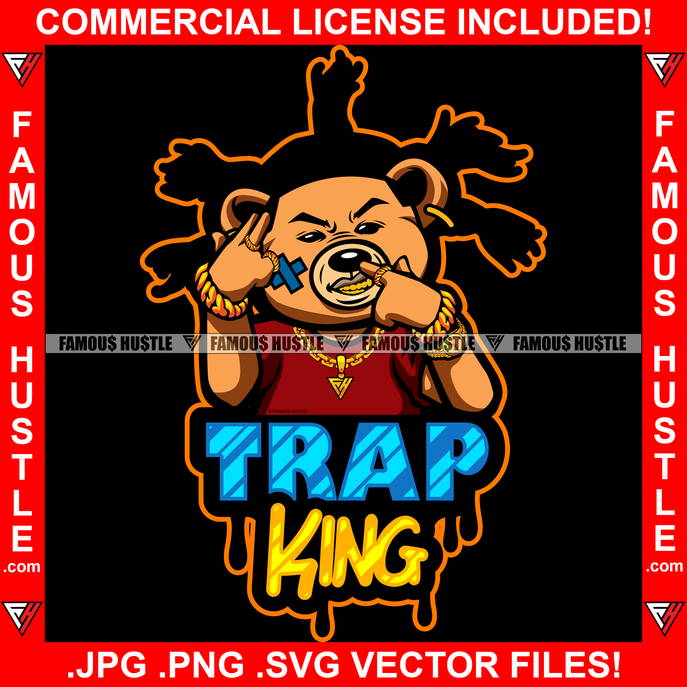 Trap King Gangster Teddy Bear Dread Locks Gang Member Hand Sign Jewelry Showing Gold Teeth Necklace Tattoo Hip Hop Rap Hustler Dripping Trap Hood Thug Mafia Mob Famous Hustle Quote Art Graphic Design Logo T-Shirt Print Printing JPG PNG SVG Vector Cut File
