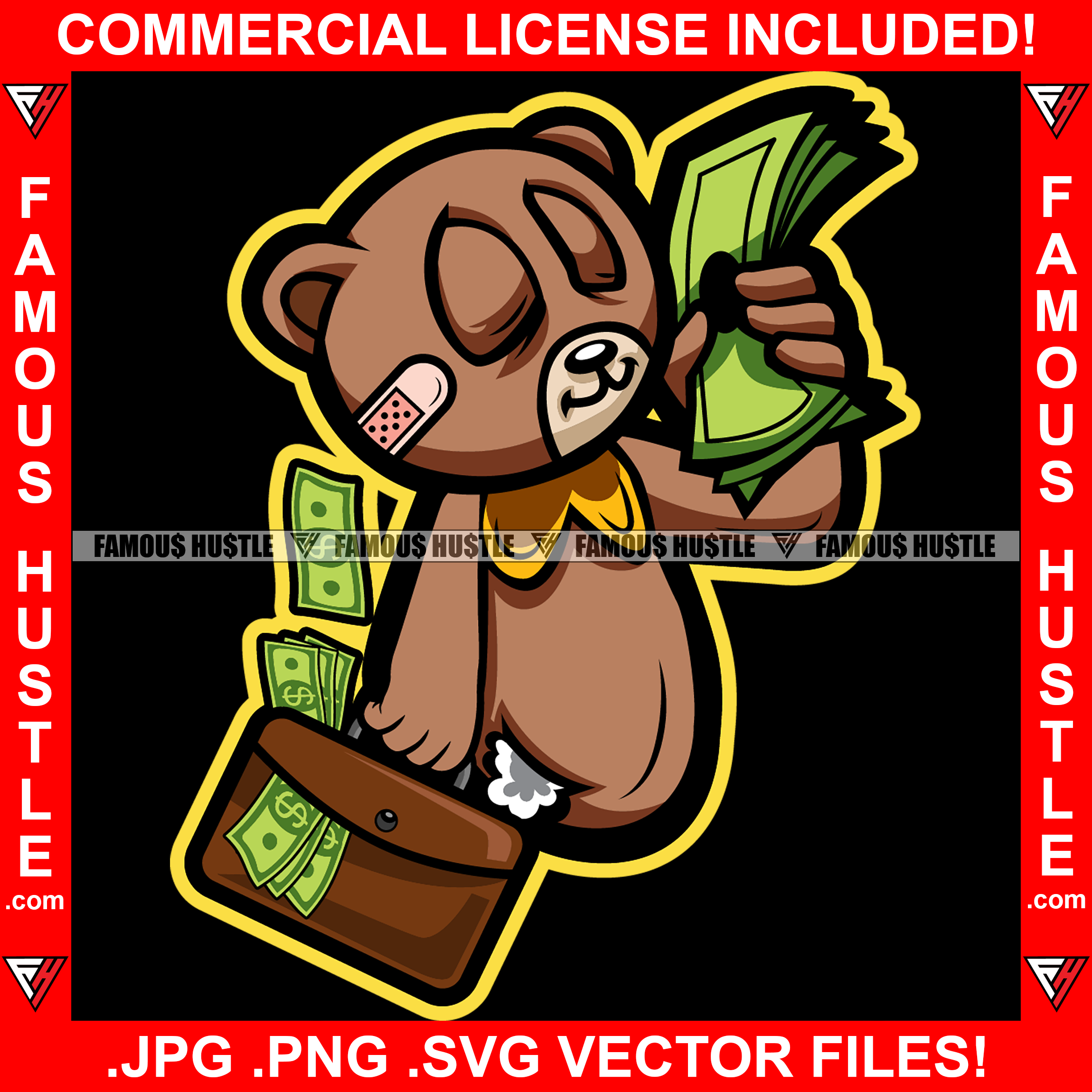 Gangster Teddy Bear Scar Face Bandage Chain Staples Ripped Stuffing Coming Out Smelling Hugging Money Bag Smelling Cash Briefcase Falling Out Tattoo Hip Hop Rap Famous Hustle Art Graphic Design Logo T-Shirt Print Printing JPG PNG SVG Vector Cut File