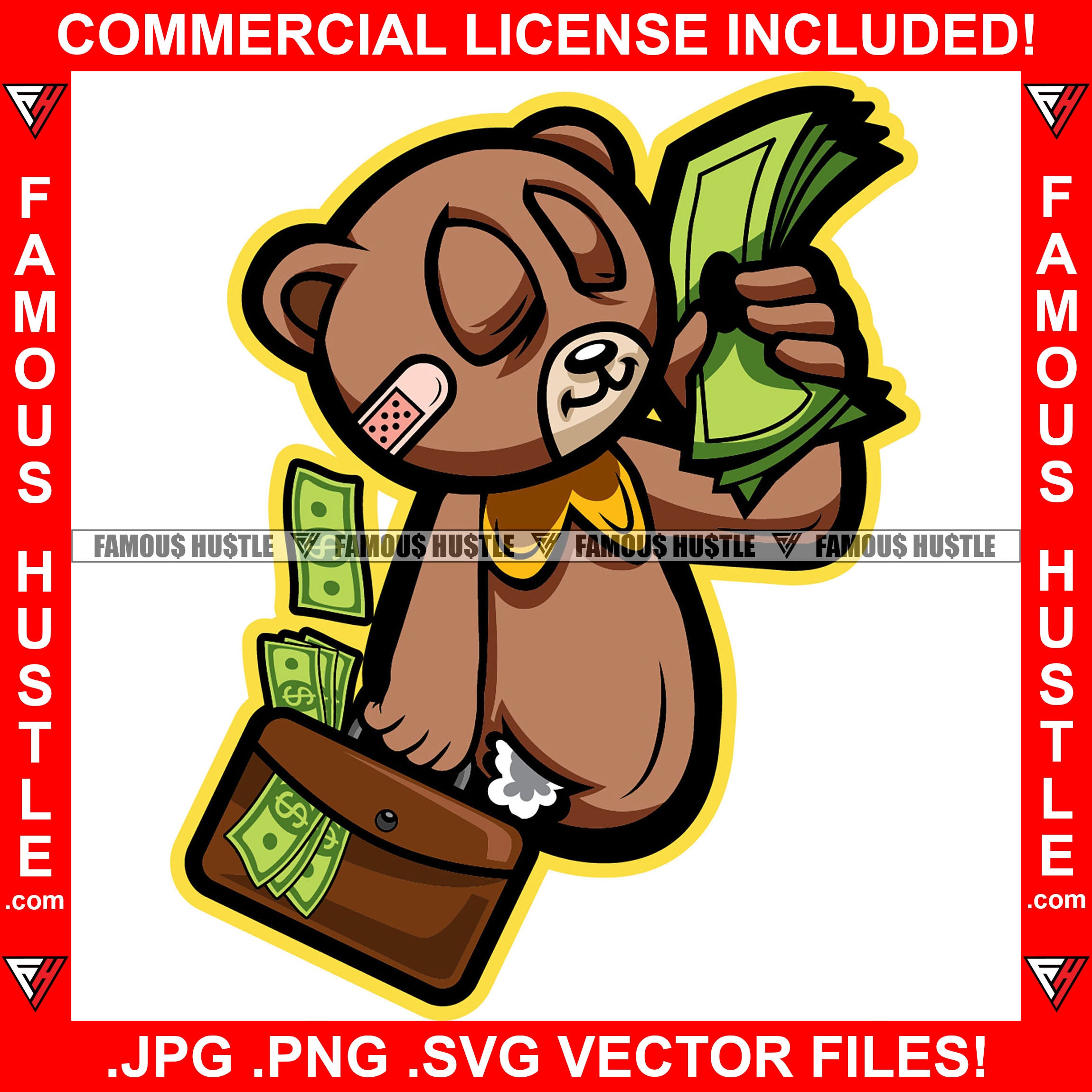 Gangster Teddy Bear Scar Face Bandage Chain Staples Ripped Stuffing Coming Out Smelling Hugging Money Bag Smelling Cash Briefcase Falling Out Tattoo Hip Hop Rap Famous Hustle Art Graphic Design Logo T-Shirt Print Printing JPG PNG SVG Vector Cut File