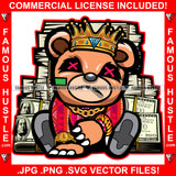 Money Talk Gangster King Teddy Bear Gold Jewelry Drug Dealer Mean Face Cross Eyes Smoking Cigar Cash Money Bundles Tattoo Hip Hop Rap Street Hustling Famous Hustle Drip Rich Art Graphic Design Logo Print Printing Vector SVG Cut File