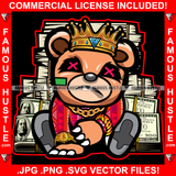 Money Talk Gangster King Teddy Bear Gold Jewelry Drug Dealer Mean Face Cross Eyes Smoking Cigar Cash Money Bundles Tattoo Hip Hop Rap Street Hustling Famous Hustle Drip Rich Art Graphic Design Logo Print Printing Vector SVG Cut File