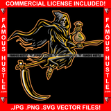 Glowing Grim Reaper Skull Skeleton Hoodie Flying On Sickle Cash Money Bag Rap Rapper Plug Trap Street Hood Ghetto Swag Thug Hustler Hustling Famous Hustle Baller Trapper Art Graphic Design Logo T-Shirt Print Printing JPG PNG SVG Vector Cut File