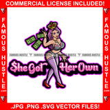 She Got Her Own Sexy Gangster Queen Lady Bikini Female Gold Jewelry Red Shoes Nails Dripping Cash Throwing Money Fashion Hip Hop Rap Hustler Boss Famous Hustle Pinup Pin Up Quote Art Graphic Design Logo T-Shirt Print Printing JPG PNG SVG Vector Cut File