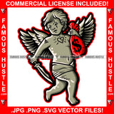 Gangster Angel Wings Statue Holding Cash Money Red Bag Battle Knife Heart Tattoo Hip Hop Rap Rapper Plug Trap Street Hood Ghetto Thug Hustler Hustling Drip Boss Famous Hustle Art Graphic Design Logo T-Shirt Print Printing JPG PNG SVG Vector Cut File