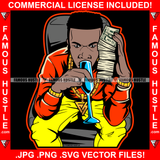 Gangster Black Man Sipping Champagne Glass Cash Money Stack Phone Plug Trap Mean Face Gold Necklace Jewelry Hip Hop Rap Hustler Drip Hood Tattoo Cartoon Character Ghetto Famous Hustle Art Graphic Design Logo Print Printing Vector SVG Cut File