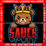 Sauce Dripping King Teddy Bear One Eye Cross Scar Face Sharp Teeth Hip Hop Rap Rapper Plug Trap Street Hood Ghetto Swag Thug Hustler Hustling Famous Hustle Baller Trapper Quote Art Graphic Design Logo T-Shirt Print Printing JPG PNG SVG Vector Cut File