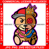 Famous Hustle Gangster Two Face Teddy Bear King Crown Button Eye Baseball Cap Gold Chain Necklace Bracelet Jewelry Tattoo Hip Hop Rap Hustler Drip Trap Hood Baller Art Graphic Design Logo T-Shirt Print Printing JPG PNG SVG Vector Cut File