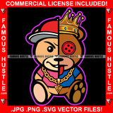 Famous Hustle Gangster Two Face Teddy Bear King Crown Button Eye Baseball Cap Gold Chain Necklace Bracelet Jewelry Tattoo Hip Hop Rap Hustler Drip Trap Hood Baller Art Graphic Design Logo T-Shirt Print Printing JPG PNG SVG Vector Cut File
