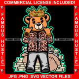 Self Made King Gangster Teddy Bear Dollar Sign Eyes Cash Money Bag Bundles Hand Signs Hip Hop Rap Rapper Plug Trap Street Hood Ghetto Swag Thug Hustler Hustling Famous Hustle Art Graphic Design Logo T-Shirt Print Printing JPG PNG SVG Vector Cut File