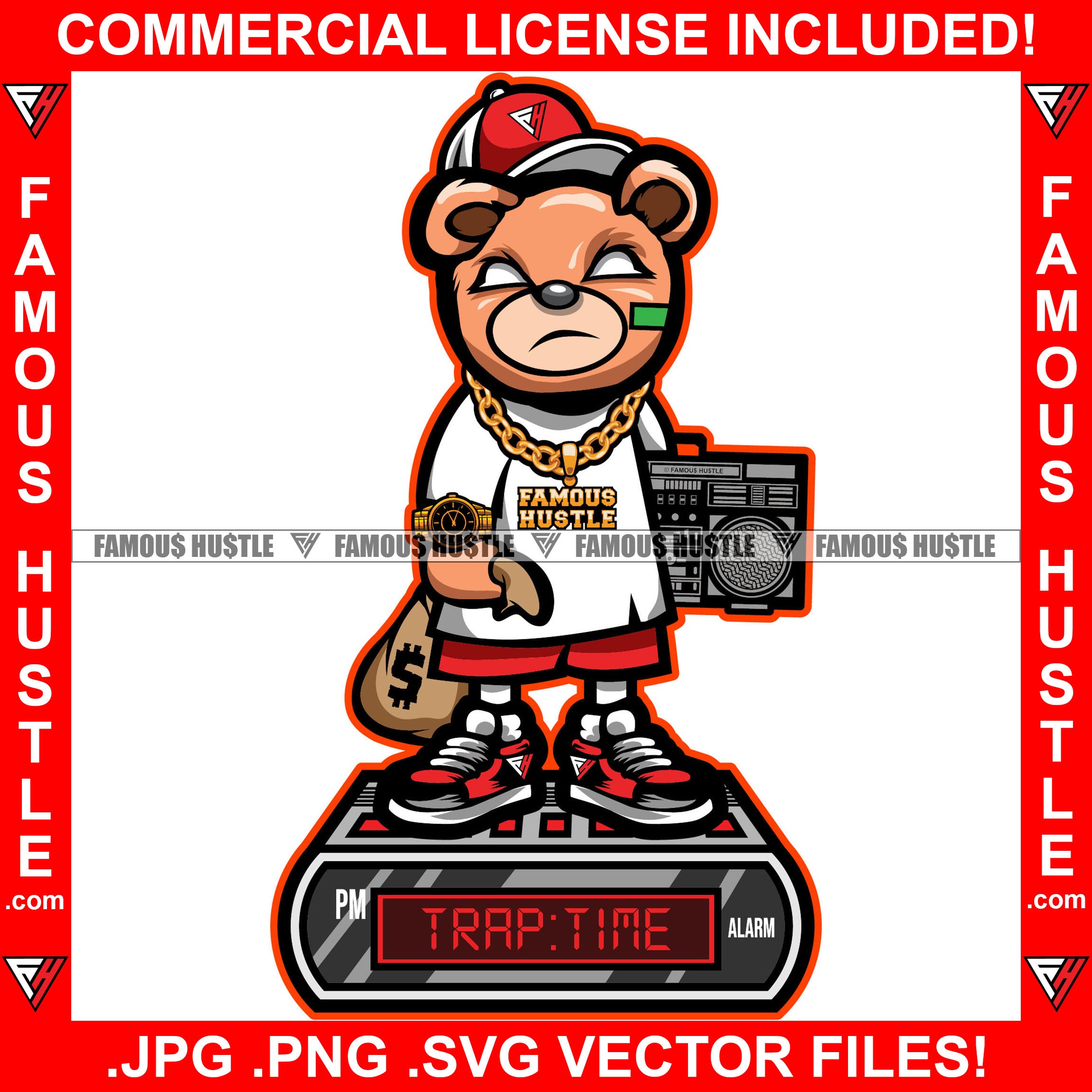 Trap Time Digital Clock Famous Hustle Gangster Teddy Bear Gold Jewelry Necklace Watch White Eyes Baseball Cap Hat Cash Money Bags Radio Boombox Gold Chain Necklace Quote Trapper Art Graphic Design Logo T-Shirt Print Printing JPG PNG SVG Vector Cut File