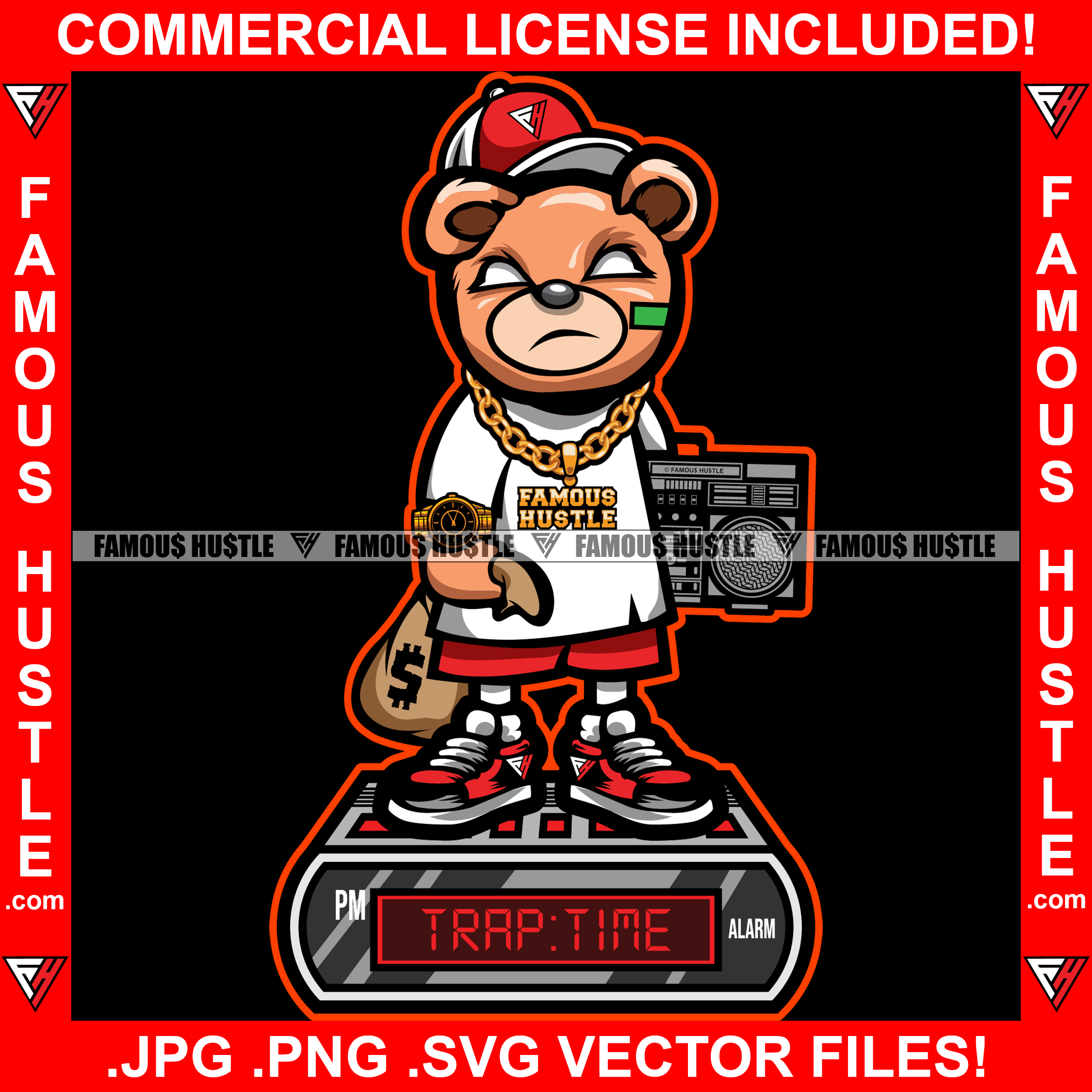 Trap Time Digital Clock Famous Hustle Gangster Teddy Bear Gold Jewelry Necklace Watch White Eyes Baseball Cap Hat Cash Money Bags Radio Boombox Gold Chain Necklace Quote Trapper Art Graphic Design Logo T-Shirt Print Printing JPG PNG SVG Vector Cut File