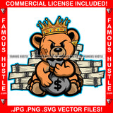 Gangster King Teddy Bear Mean Scar Face Cash Bundles Money Bag Gold Crown Hip Hop Rap Rapper Plug Trap Swag Thug Hustler Hustling Drip Rich Art Graphic Design Logo T-Shirt Print Printing JPG PNG SVG Vector Cut File