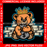 Gangster King Teddy Bear Mean Scar Face Cash Bundles Money Bag Gold Crown Hip Hop Rap Rapper Plug Trap Swag Thug Hustler Hustling Drip Rich Art Graphic Design Logo T-Shirt Print Printing JPG PNG SVG Vector Cut File