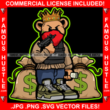 Money & Power Dripping Gangster King Teddy Bear Face Bandanna Cash Bags Machine Gun Hip Hop Rap Rapper Plug Trap Street Hood Ghetto Swag Thug Hustler Hustling Famous Hustle Art Graphic Design Logo T-Shirt Print Printing JPG PNG SVG Vector Cut File