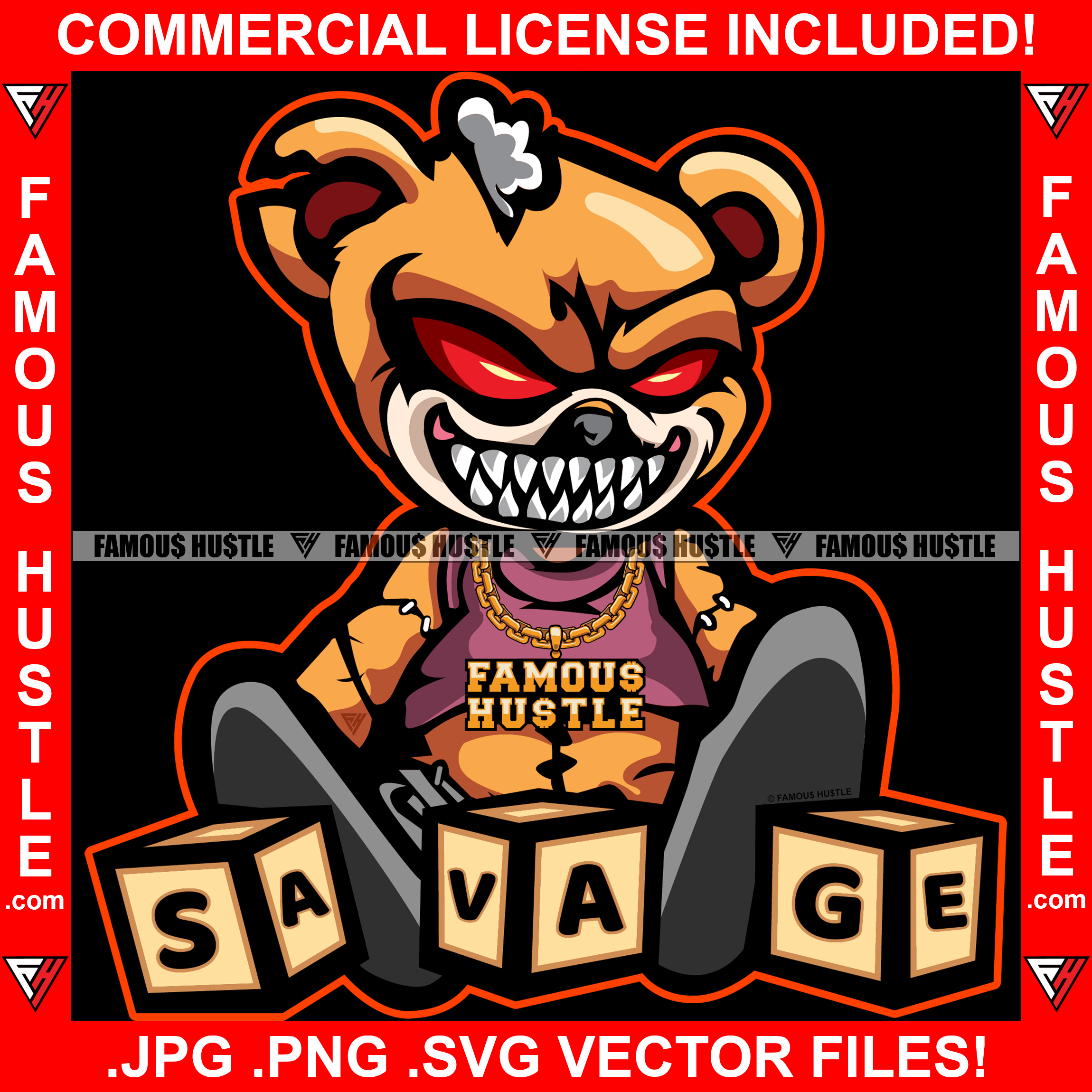 Savage Gangster Horror Teddy Bear Dripping Red Eyes Sharp Teeth Dice Tattoo Hip Hop Rap Hustler Boss Drip Swag Trapper Gang Member Thug Famous Hustle Quote Art Graphic Design Logo T-Shirt Print Printing JPG PNG SVG Vector Cut File