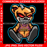 Famous Hustle Gangster Horror Teddy Bear Dripping Red Eyes Sharp Teeth Gold Necklace Jewelry Hip Hop Rap Plug Trap Hood Ghetto Swag Thug Hustler Hustling Baller Trapper Art Graphic Design Logo T-Shirt Print Printing JPG PNG SVG Vector Cut File