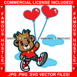 Famous Hustle Teddy Bear King Dollar Sign Eyes Flying In Clouds Red Heart Balloons Money Love Heart Hip Hop Rap Plug Trap Swag Thug Hustler Hustling Drip Rich Art Graphic Design Logo T-Shirt Print Printing JPG PNG SVG Vector Cut File