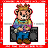 Hustle Gangster Teddy Bear King Holding Cash Money Dollar Sign Eyes Crown Gold Necklace Jewelry Radio Tape Tattoo Hip Hop Rap Hustler Famous Art Graphic Design Logo T-Shirt Print Printing JPG PNG SVG Vector Cut File