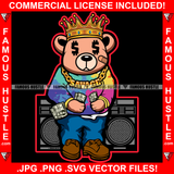 Hustle Gangster Teddy Bear King Holding Cash Money Dollar Sign Eyes Crown Gold Necklace Jewelry Radio Tape Tattoo Hip Hop Rap Hustler Famous Art Graphic Design Logo T-Shirt Print Printing JPG PNG SVG Vector Cut File