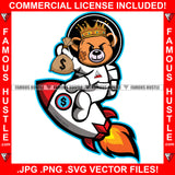 King Teddy Bear In Space Suit Sitting On Rocket In Outer Space Boy Cash Money Bag Spaceman Astronomy Hip Hop Rap Rapper Hustler Hustling Famous Hustle Artwork Art Graphic Design Logo T-Shirt Print Printing JPG PNG SVG Vector Cut File
