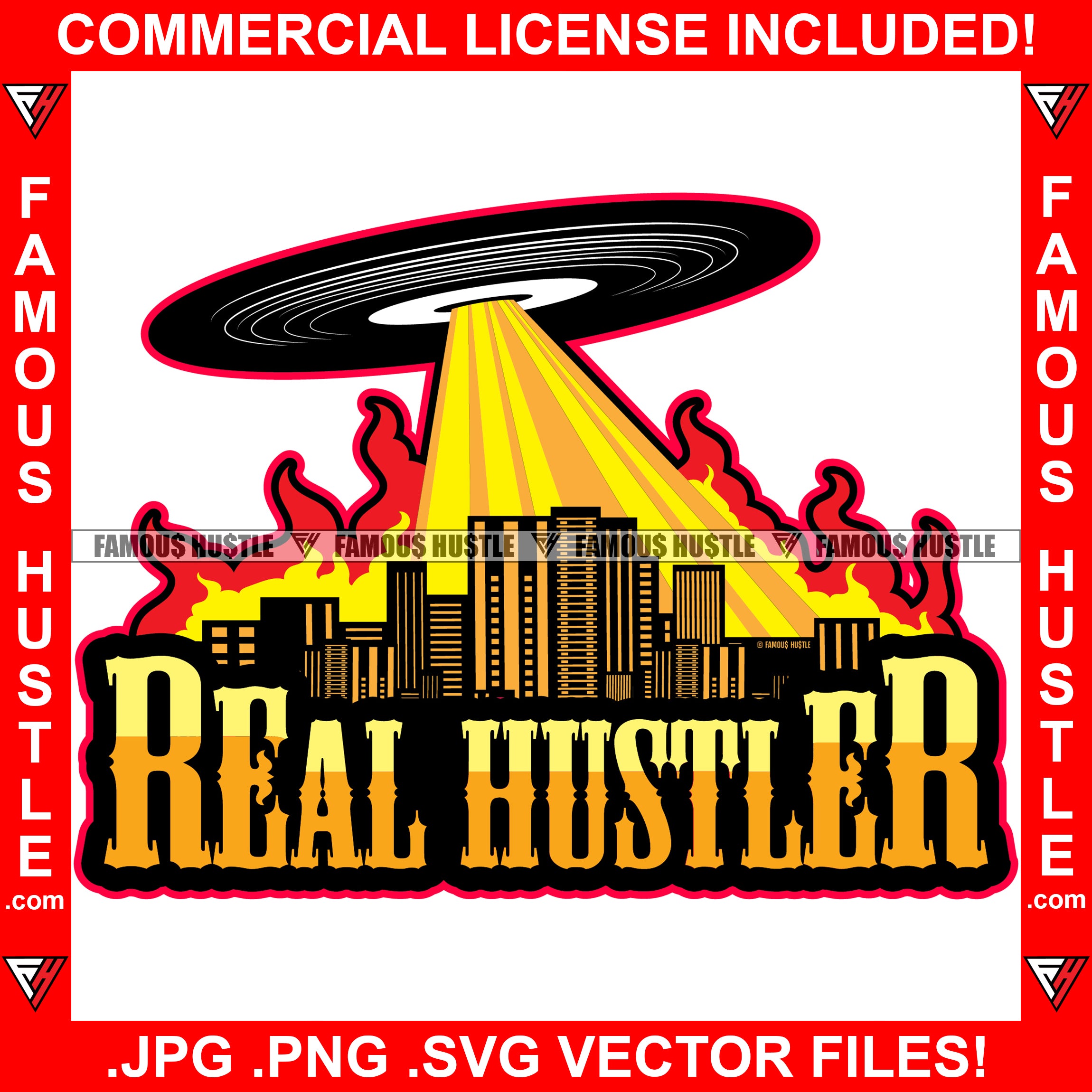 Hustle Hard Vinyl Record UFO Attacking City Music DJ Dee Jay Setting Buildings On Fire Vintage Retro Music Album Scratching Turntable Player Spin Spinning Famous Hustle Audio Quote Art Graphic Design Logo T-Shirt Print Printing JPG PNG SVG Vector Cut File
