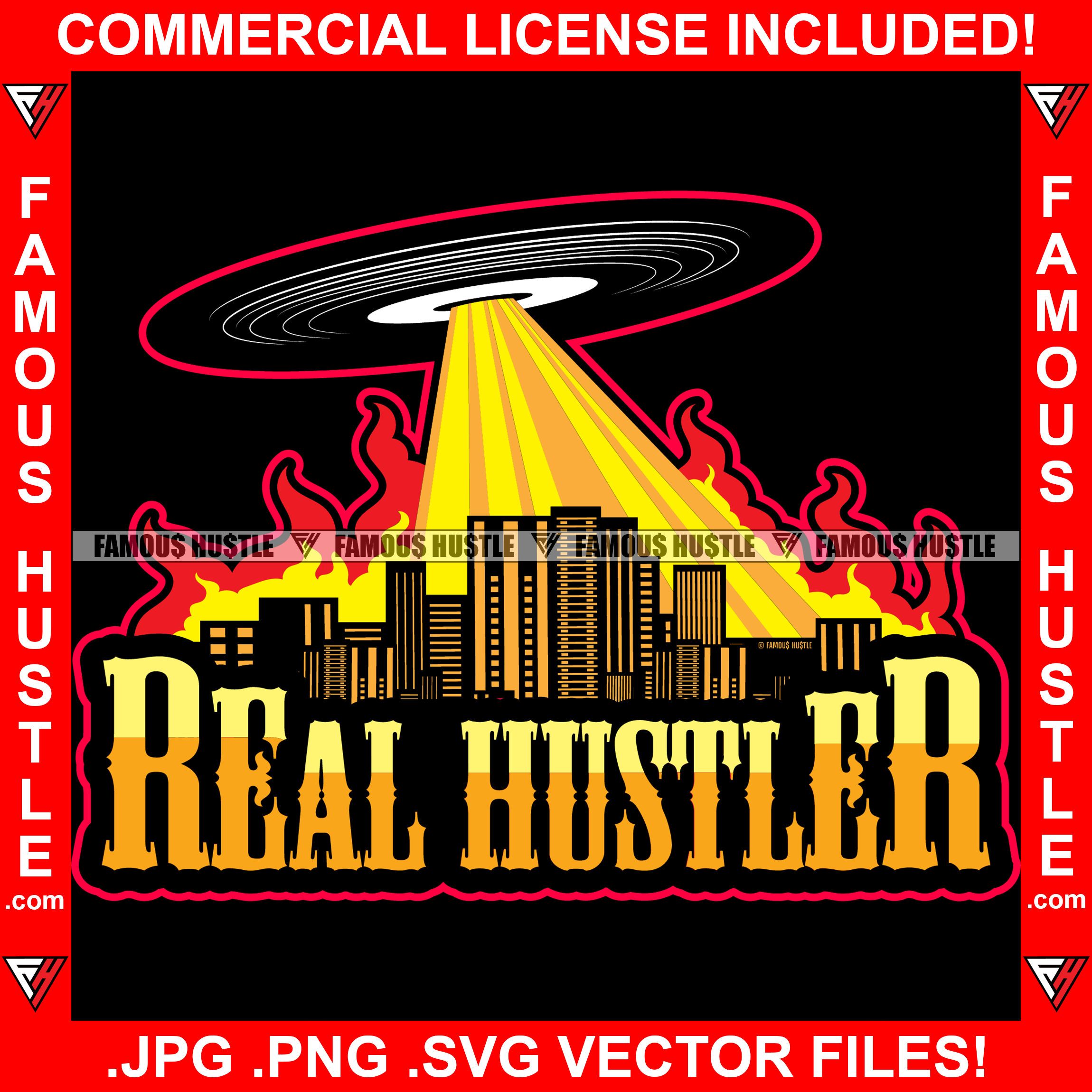 Hustle Hard Vinyl Record UFO Attacking City Music DJ Dee Jay Setting Buildings On Fire Vintage Retro Music Album Scratching Turntable Player Spin Spinning Famous Hustle Audio Quote Art Graphic Design Logo T-Shirt Print Printing JPG PNG SVG Vector Cut File