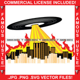 Vinyl Record UFO Attacking City Music DJ Dee Jay Setting Buildings On Fire Vintage Retro Music Album Scratching Turntable Player Spin Spinning Famous Hustle Audio Art Graphic Design Logo T-Shirt Print Printing JPG PNG SVG Vector Cut File