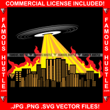 Vinyl Record UFO Attacking City Music DJ Dee Jay Setting Buildings On Fire Vintage Retro Music Album Scratching Turntable Player Spin Spinning Famous Hustle Audio Art Graphic Design Logo T-Shirt Print Printing JPG PNG SVG Vector Cut File