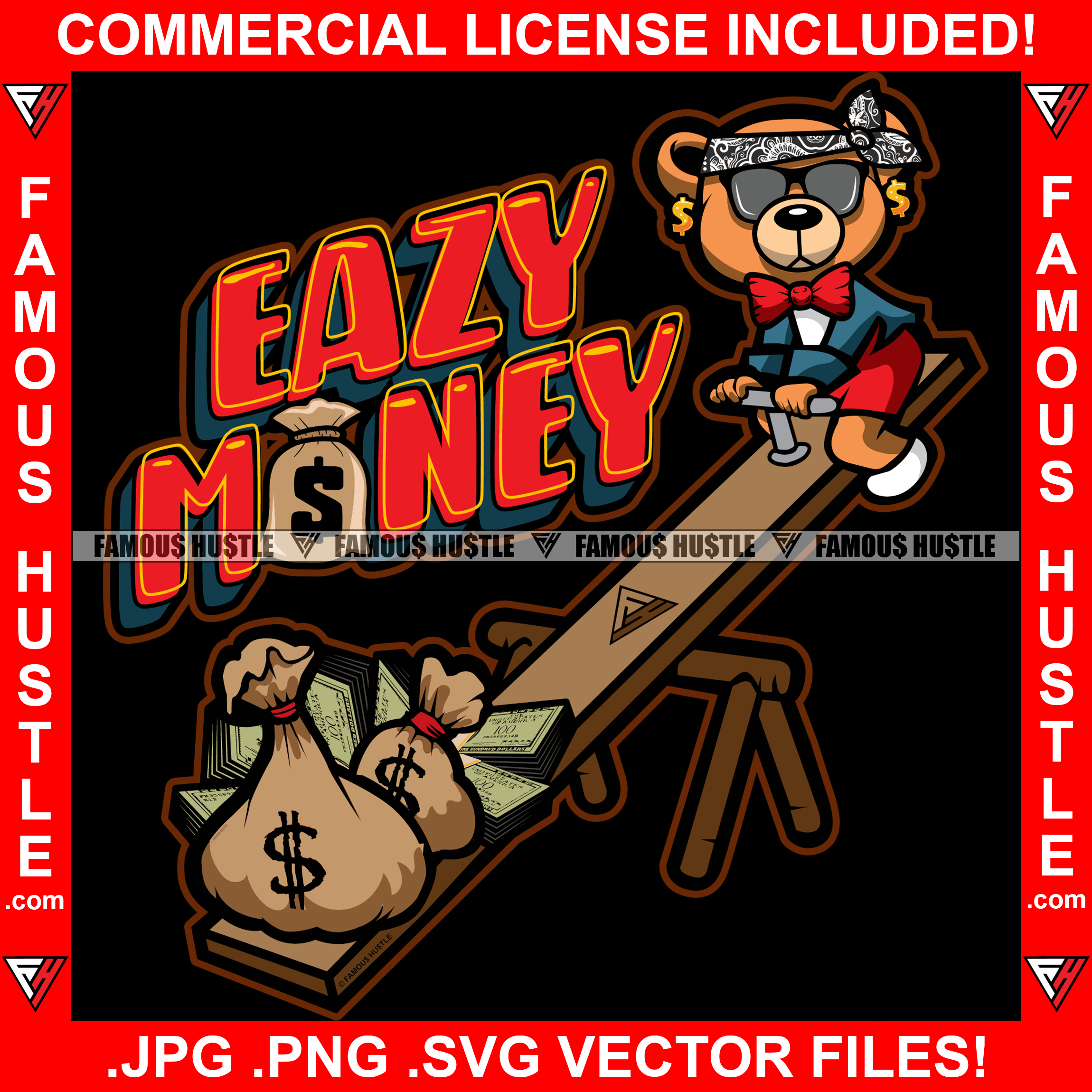 Eazy Money Hustle Rich Gangster Teddy Bear Tuxedo Suit Playing See Saw Gold Jewelry Cash Bags Hop Rap Hustler Boss Drip Swag Plug Trap Hood Thug Gang Street Mafia Mob Quote Art Graphic Design Logo T-Shirt Print Printing JPG PNG SVG Vector Cut File