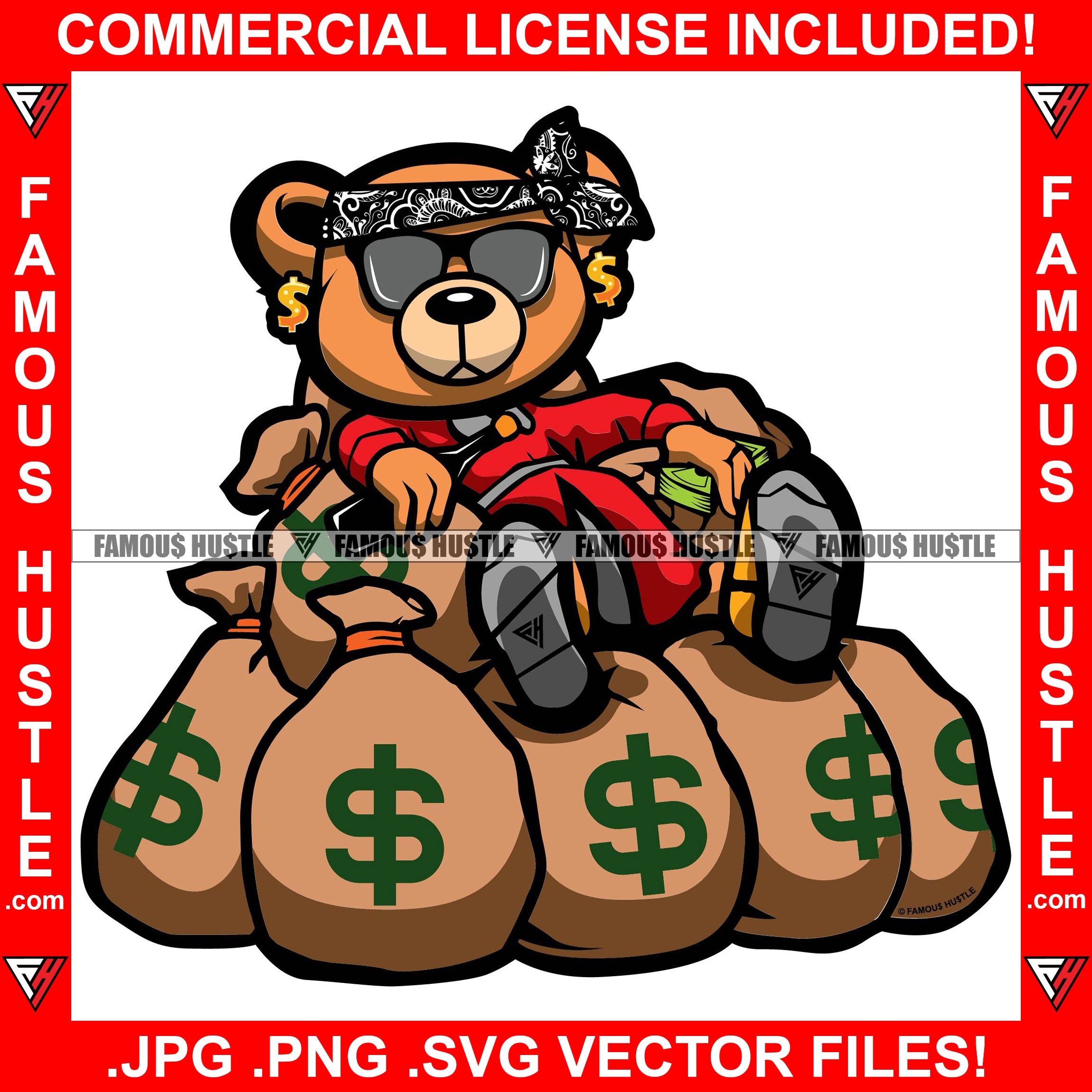 Gangster Teddy Bear Bandanna Drinking Beer Sitting On Money Bags Cash Stack Hip Hop Rap Rapper Plug Trap Street Hood Ghetto Swag Thug Hustler Hustling Famous Hustle Rich Art Graphic Design Logo T-Shirt Print Printing JPG PNG SVG Vector Cut File