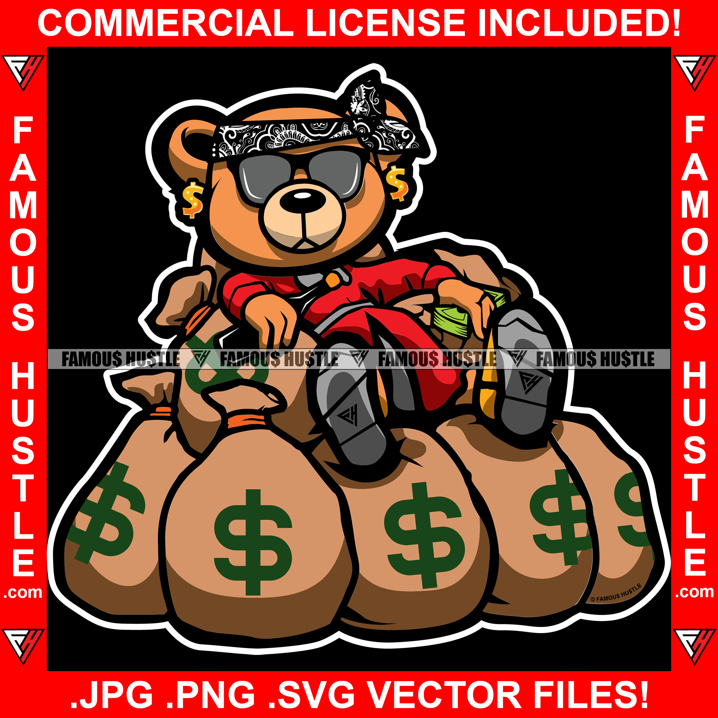 Gangster Teddy Bear Bandanna Drinking Beer Sitting On Money Bags Cash Stack Hip Hop Rap Rapper Plug Trap Street Hood Ghetto Swag Thug Hustler Hustling Famous Hustle Rich Art Graphic Design Logo T-Shirt Print Printing JPG PNG SVG Vector Cut File