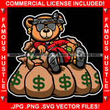 Gangster Teddy Bear Bandanna Drinking Beer Sitting On Money Bags Cash Stack Hip Hop Rap Rapper Plug Trap Street Hood Ghetto Swag Thug Hustler Hustling Famous Hustle Rich Art Graphic Design Logo T-Shirt Print Printing JPG PNG SVG Vector Cut File