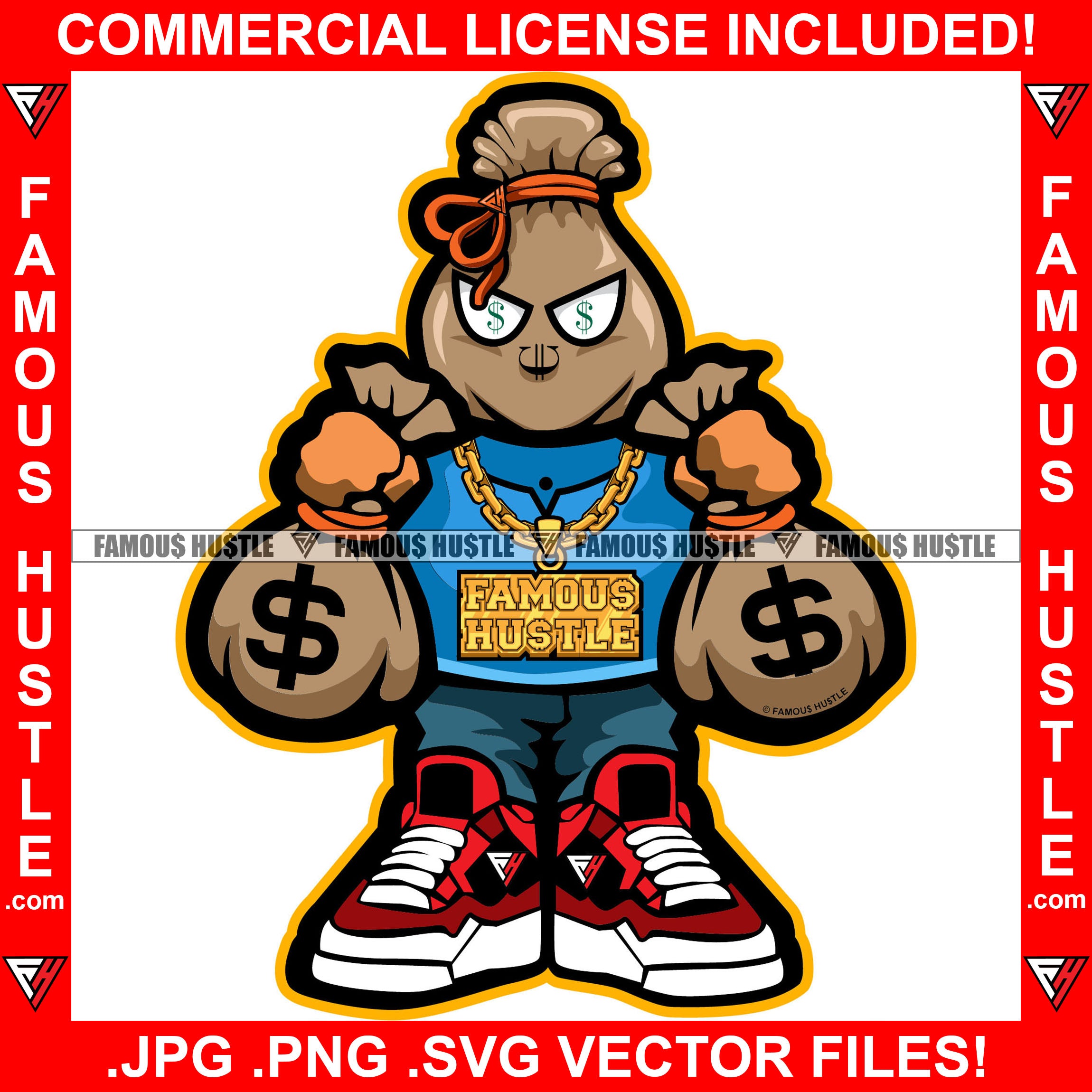 Money Bag Cartoon Character Gold Necklace Cash Bags Dollar Sign Eyes Tattoo Hip Hop Rap Hustler Drip Trap Hood Thug Gang Street Ghetto Rich Famous Hustle Art Graphic Design Logo T-Shirt Print Printing JPG PNG SVG Vector Cut File