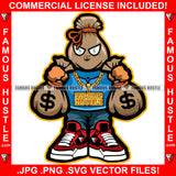 Money Bag Cartoon Character Gold Necklace Cash Bags Dollar Sign Eyes Tattoo Hip Hop Rap Hustler Drip Trap Hood Thug Gang Street Ghetto Rich Famous Hustle Art Graphic Design Logo T-Shirt Print Printing JPG PNG SVG Vector Cut File