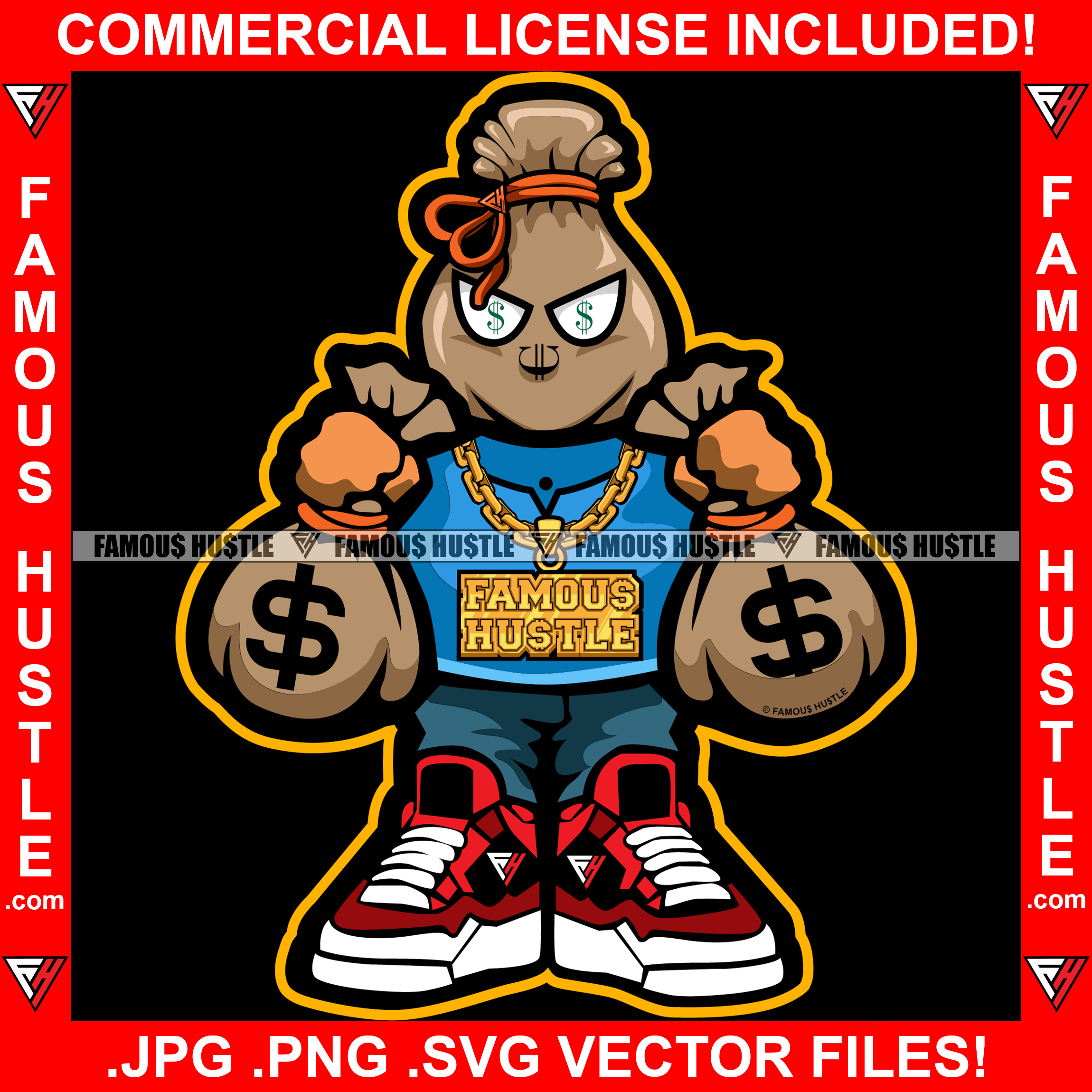 Money Bag Cartoon Character Gold Necklace Cash Bags Dollar Sign Eyes Tattoo Hip Hop Rap Hustler Drip Trap Hood Thug Gang Street Ghetto Rich Famous Hustle Art Graphic Design Logo T-Shirt Print Printing JPG PNG SVG Vector Cut File