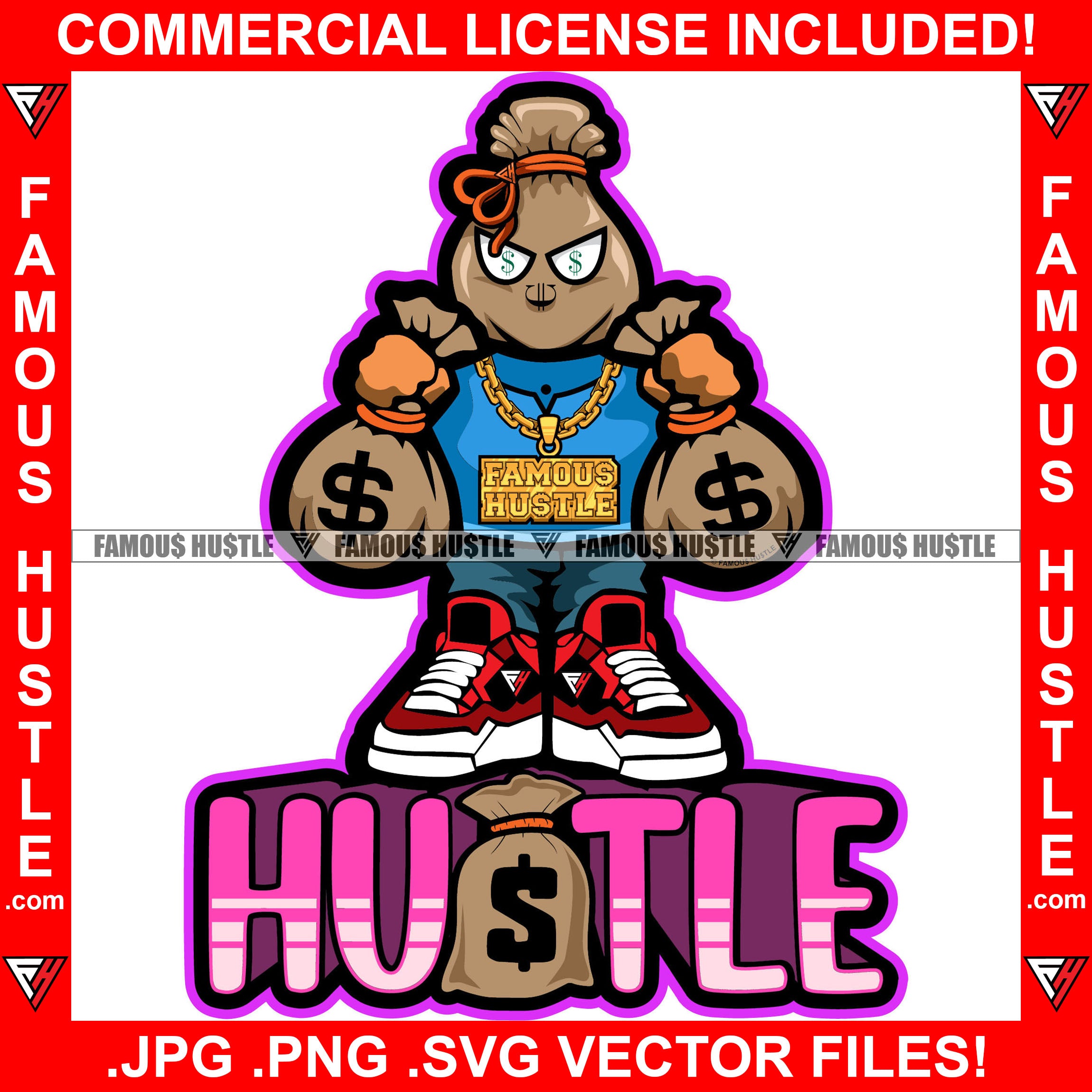 Hustle Money Bag Cartoon Character Gold Necklace Cash Bags Dollar Sign Eyes Tattoo Hip Hop Rap Hustler Drip Trap Hood Thug Gang Street Ghetto Rich Famous Quote Art Graphic Design Logo T-Shirt Print Printing JPG PNG SVG Vector Cut File