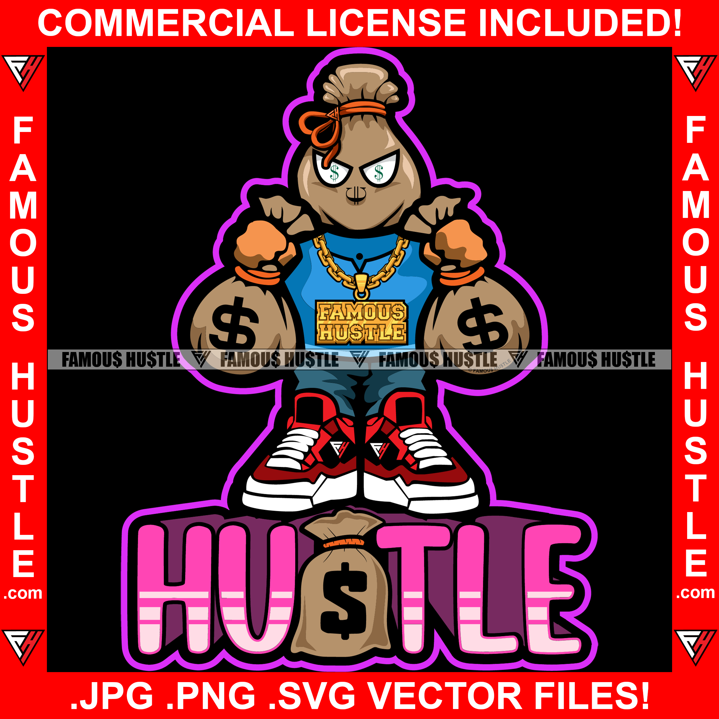 Hustle Money Bag Cartoon Character Gold Necklace Cash Bags Dollar Sign Eyes Tattoo Hip Hop Rap Hustler Drip Trap Hood Thug Gang Street Ghetto Rich Famous Quote Art Graphic Design Logo T-Shirt Print Printing JPG PNG SVG Vector Cut File