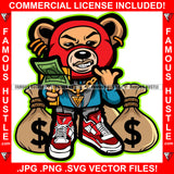 Hustler's Ambition Gangster Teddy Bear Ski Mask Showing Gold Necklace Chain Jewelry Cash Money Gun Bags Sneakers Hip Hop Rap Hustler Boss Drip Swag Art Graphic Design Logo T-Shirt Print Printing JPG PNG SVG Vector Cut File