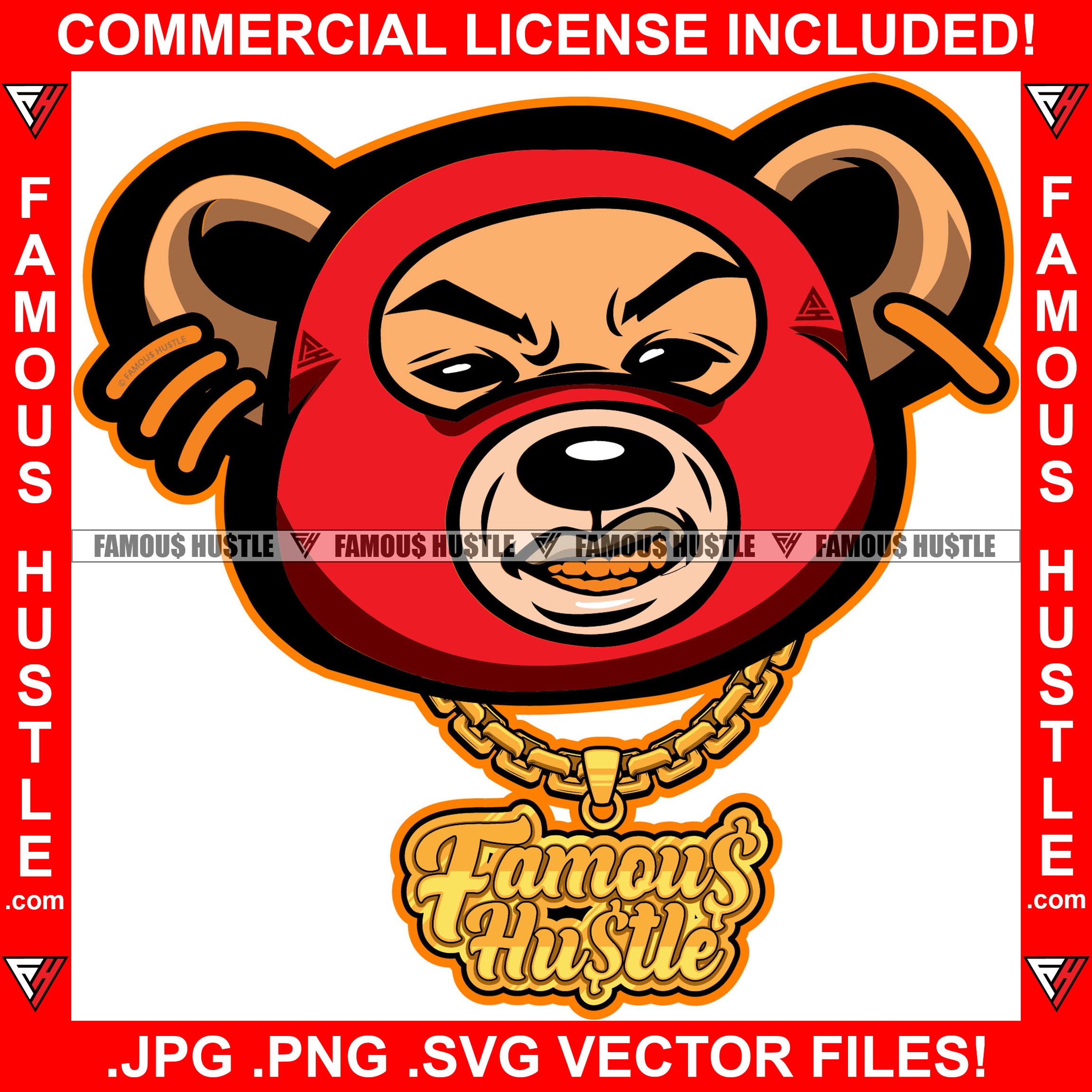 Famous Hustle Gangster Teddy Bear Ski Mask Gold Teeth Necklace Chain Jewelry Cash Money Hip Hop Rap Hustler Boss Drip Swag Trapper Hustling Motivation Motivational Art Graphic Design Logo T-Shirt Print Printing JPG PNG SVG Vector Cut File