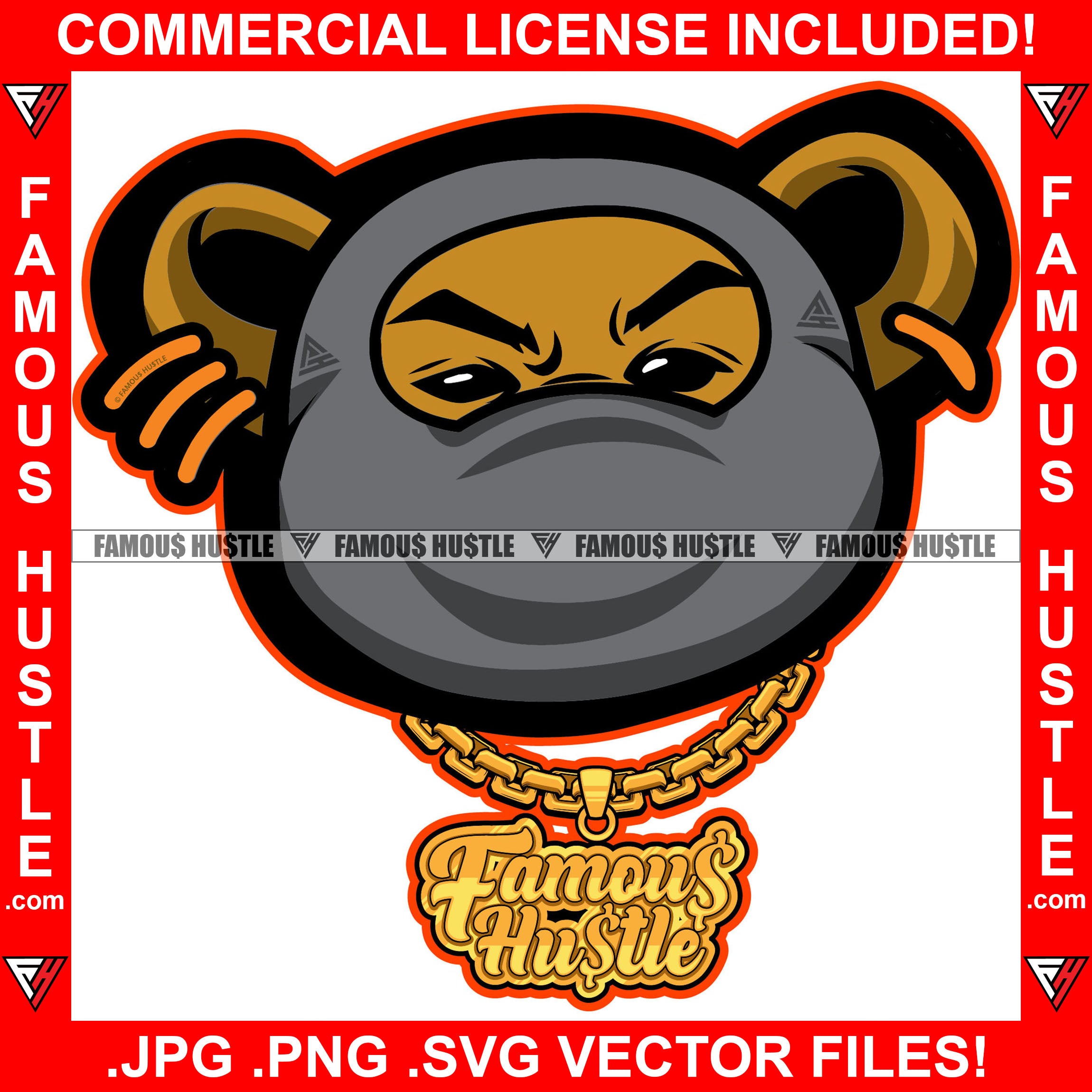 Gangster Teddy Bear Ski Mask Face Gold Jewelry Gang Member Rapper Dope Baller Trapper Hustling Flex Dripping Famous Hustle Art Graphic Design Logo T-Shirt Print Printing JPG PNG SVG Vector Cut File