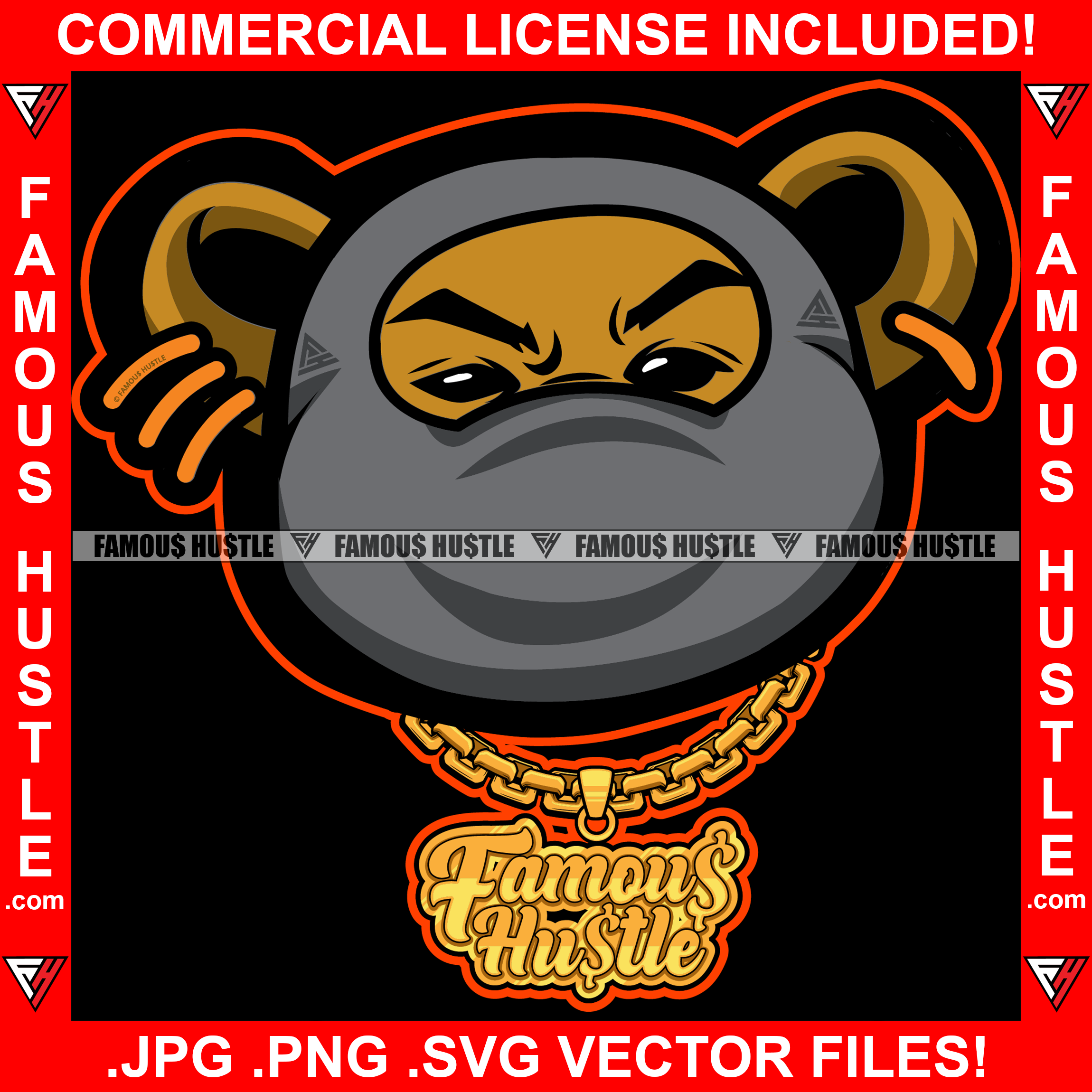 Gangster Teddy Bear Ski Mask Face Gold Jewelry Gang Member Rapper Dope Baller Trapper Hustling Flex Dripping Famous Hustle Art Graphic Design Logo T-Shirt Print Printing JPG PNG SVG Vector Cut File