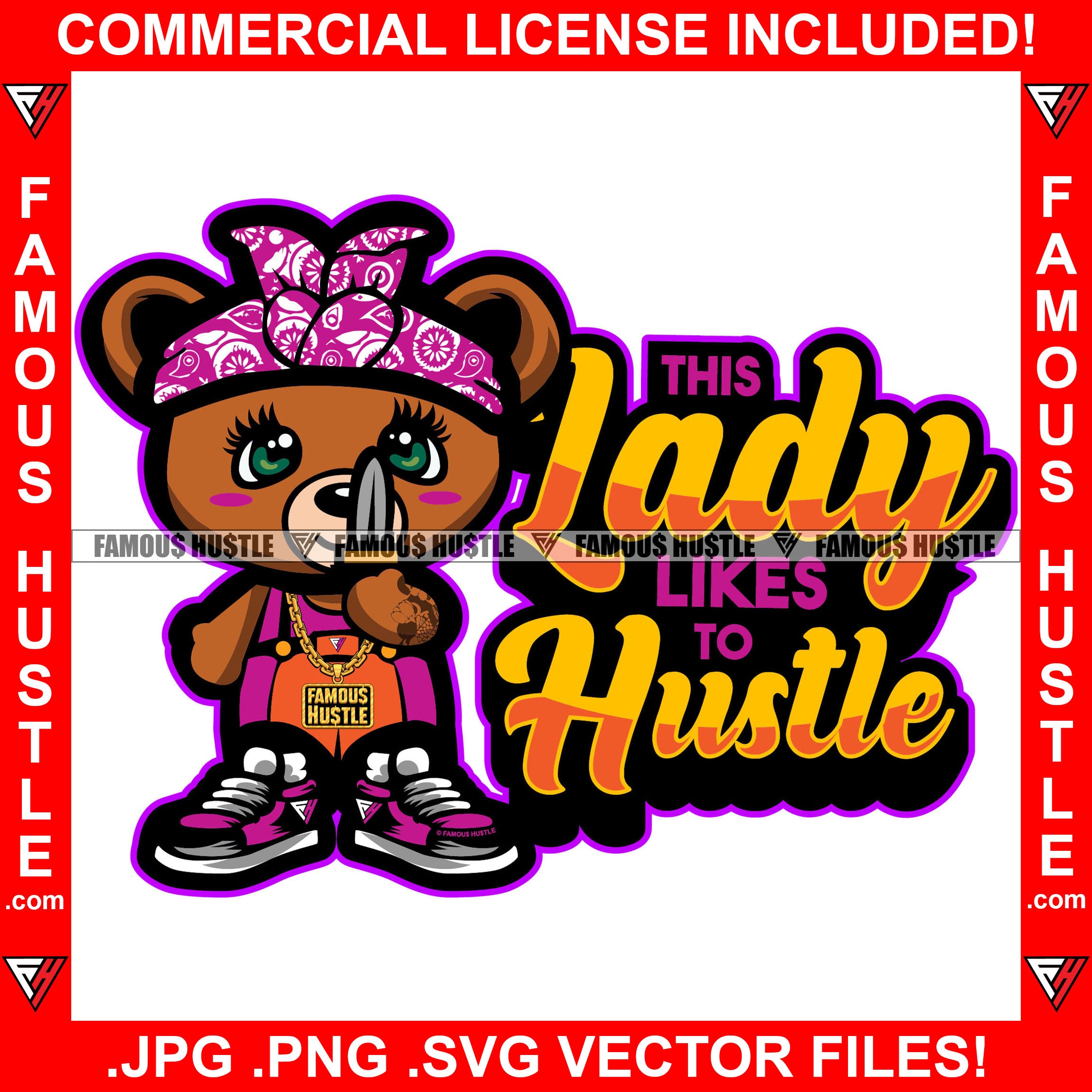 This Lady Likes To Hustle Adorable Female Gangster Lady Teddy Bear Knife Gold Chain Necklace Jewelry Bow Hustler Hustling Famous Trapper Trap Quote Art Graphic Design Logo T-Shirt Print Printing JPG PNG SVG Vector Cut File