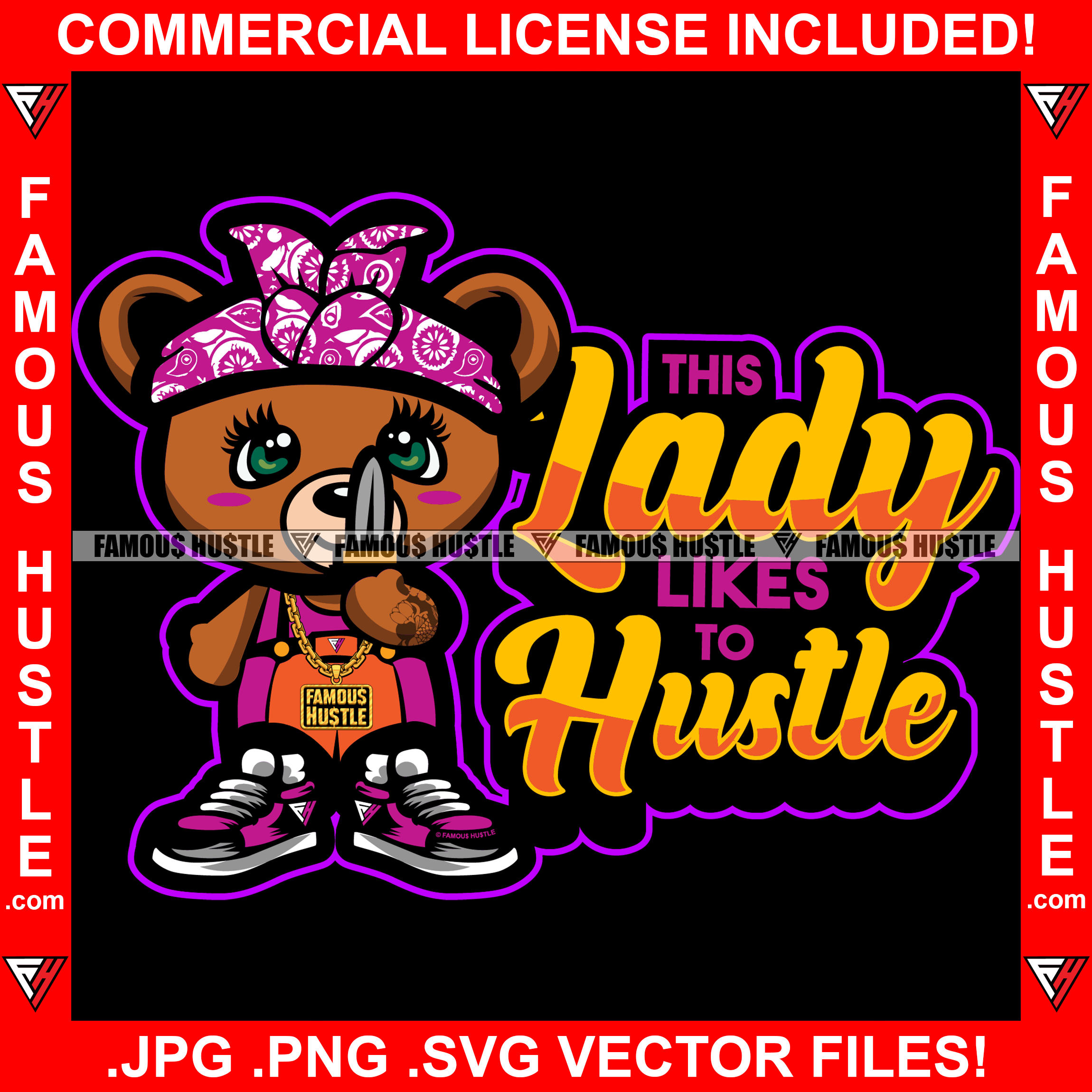 This Lady Likes To Hustle Adorable Female Gangster Lady Teddy Bear Knife Gold Chain Necklace Jewelry Bow Hustler Hustling Famous Trapper Trap Quote Art Graphic Design Logo T-Shirt Print Printing JPG PNG SVG Vector Cut File