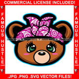 Famous Hustle Cute Female Teddy Bear Head Bandanna Pink Shinny Eyes Face Hip Hop Rap Rapper Plug Trap Street Hood Ghetto Swag Thug Hustler Hustling Baller Trapper Art Graphic Design Logo T-Shirt Print Printing JPG PNG SVG Vector Cut File