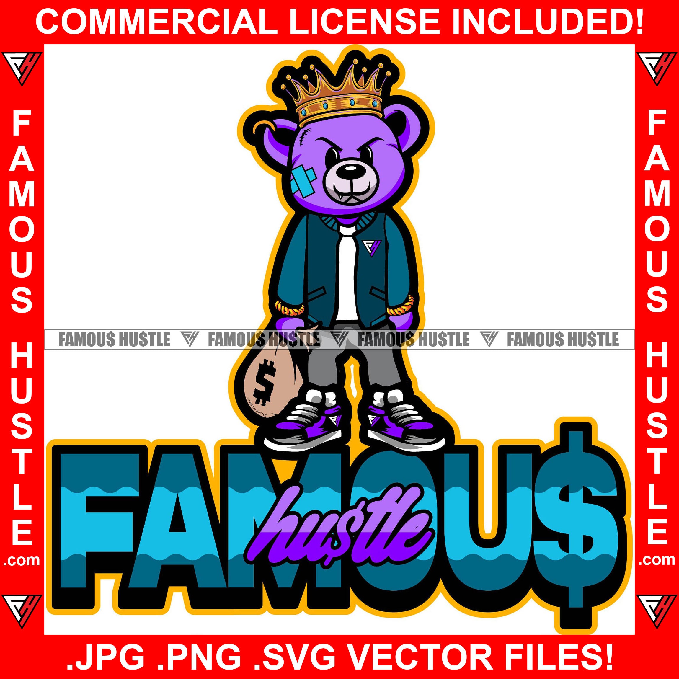 Famous Hustle Gangster Teddy Bear King Scar Face Sharp Fang Tooth Gold Jewelry Watch Necklace Mean Cash Money Bag Dripping Rapper Dope Baller Trapper Hustling Flex Dripping Quote Art Graphic Design Logo T-Shirt Print Printing JPG PNG SVG Vector Cut File